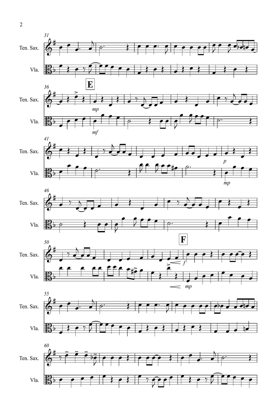 Jingle Bells (Jazzy Style!) for Tenor Saxophone and Viola Duet Tenor Saxophone scores gallery preview page 2