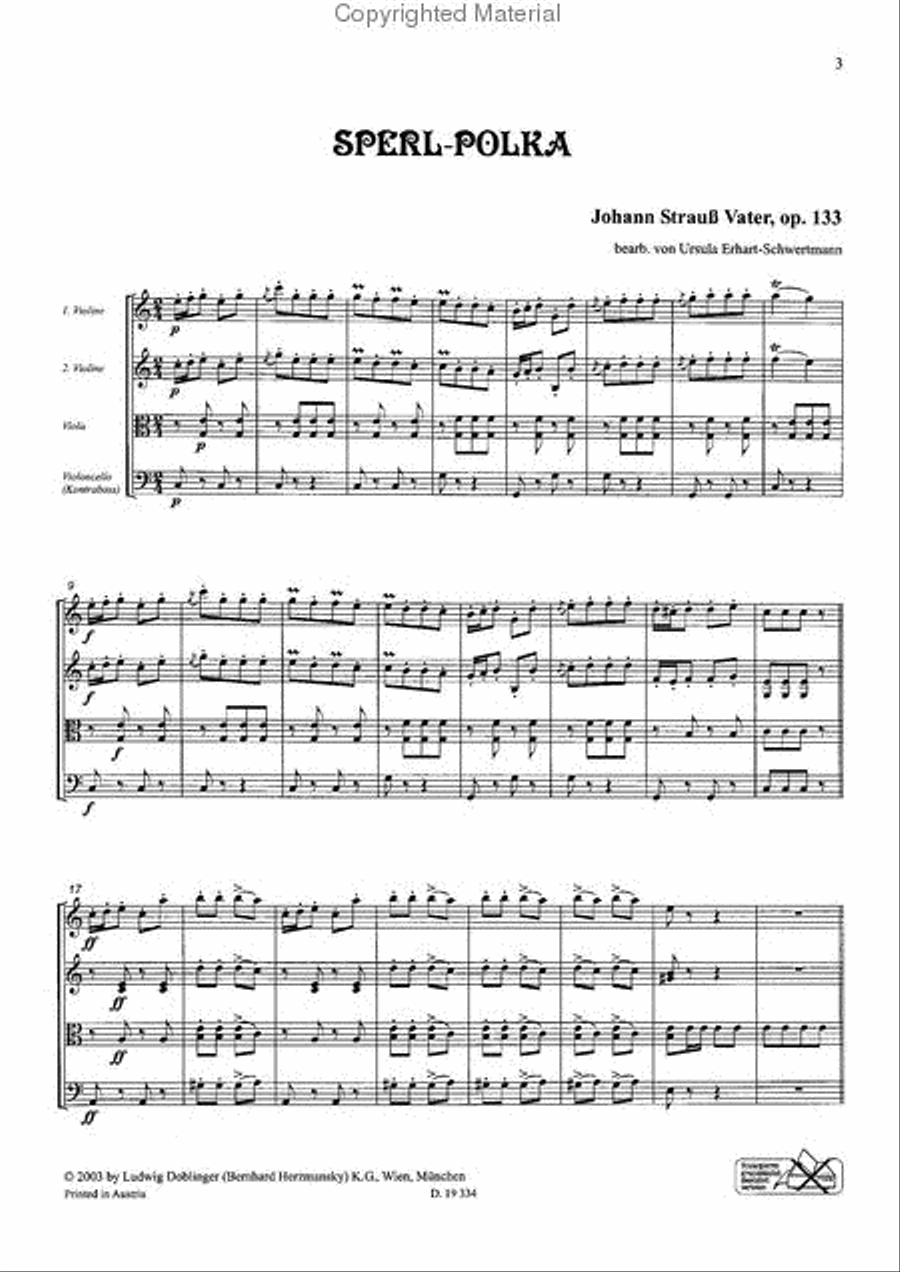 3 Polkas fur Streichquartett / Sperl-Polka Annen-Polka / Damen-Souvenier-Polka String Quartet scores gallery preview page 2
