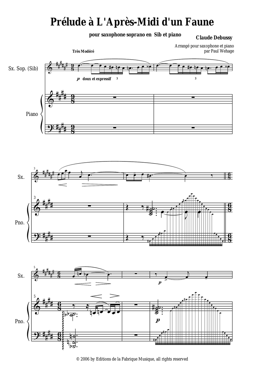 Claude Debussy: Prélude à L'Après-midi d'un Faune, arranged for Bb soprano saxophone and piano