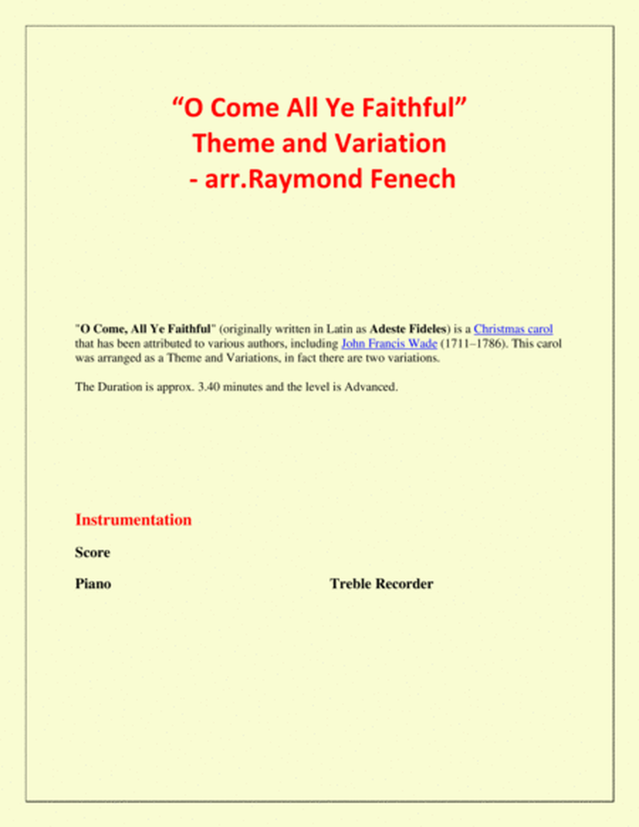 O Come All Ye Faithful (Adeste Fidelis) - Theme and Variation for Treble Recorder and Piano - Advanc image number null
