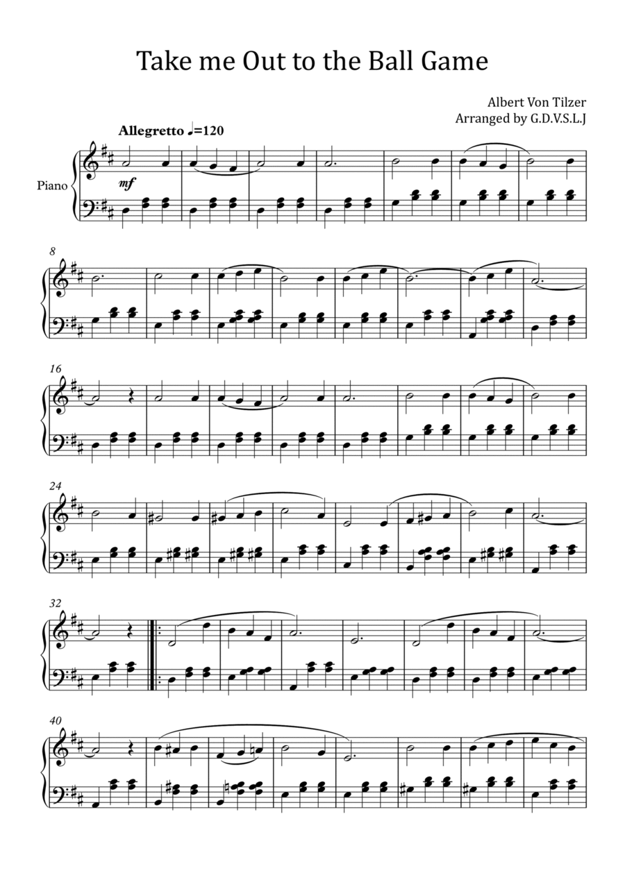 Take me Out to the Ball Game in D Easy Piano scores gallery preview page 1