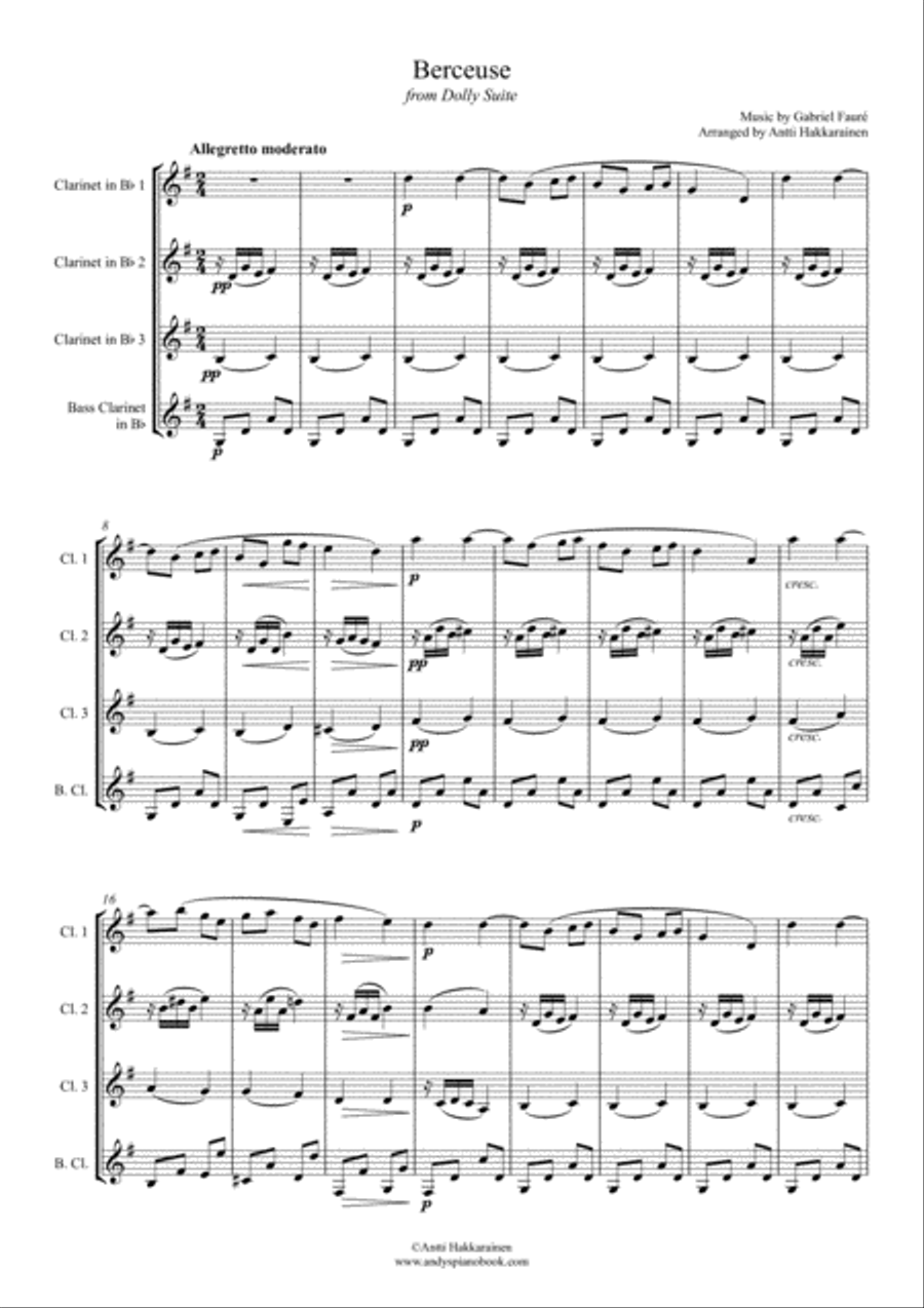 Berceuse from Dolly Suite Op. 56 - Clarinet Quartet Clarinet Quartet scores gallery preview page 2
