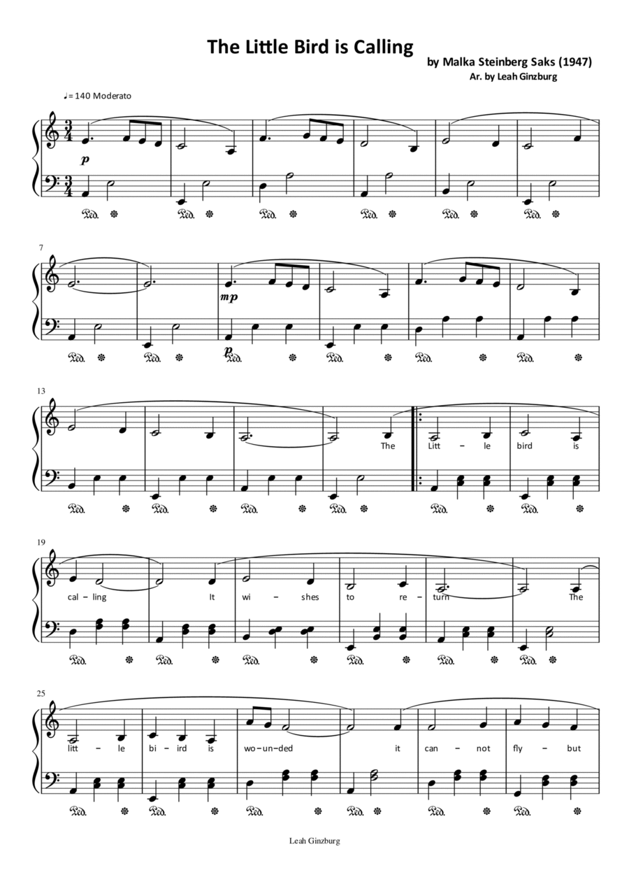 The Little Bird is Calling Jewish song Piano Solo scores gallery preview page 1