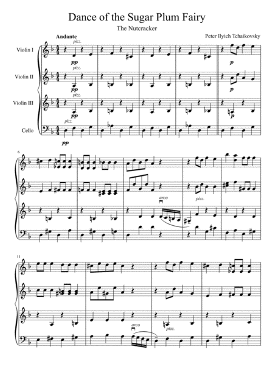Dance of the Sugarplum Fairy (three violins and cello) String Quartet scores gallery preview page 2