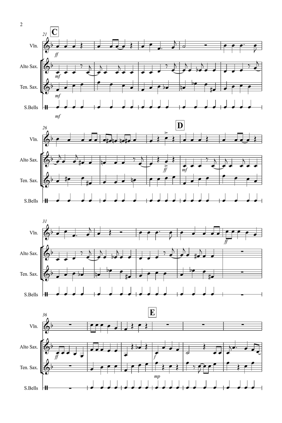 Jingle Bells (Jazzy Style!) for Violin, Alto and Tenor Saxophone Trio Small Ensemble scores gallery preview page 2