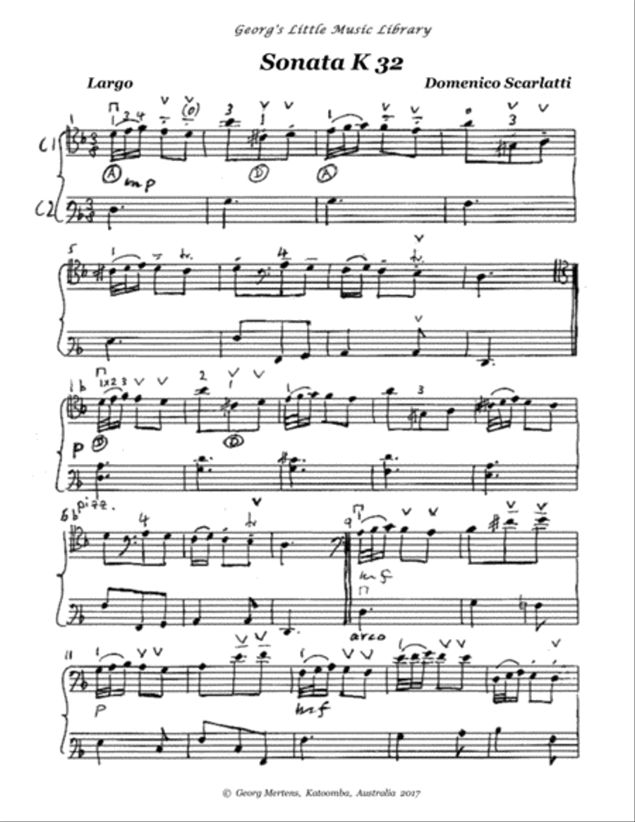 Scarlatti Sonata K32 Aria (Largo) for 2 cellos (Shakuhachi & cello) Small Ensemble scores gallery preview page 4