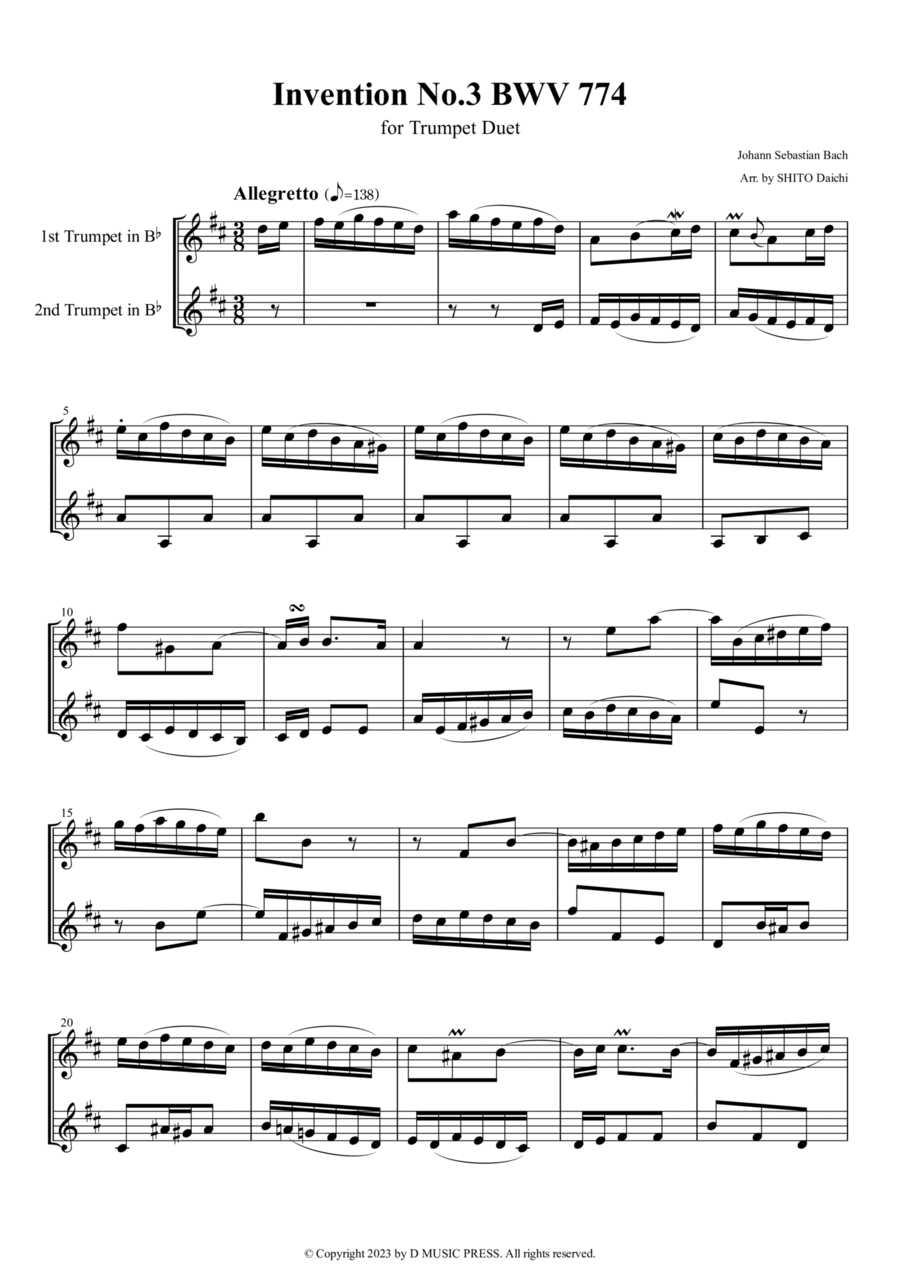 Book cover for Invention No.3 BWV 774 for Trumpet Duet