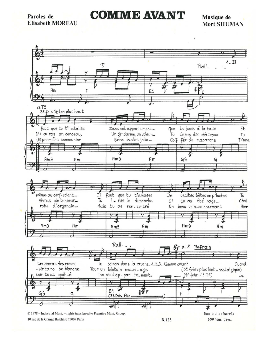 Comme Avant (Comme Avant Vous) Piano, Vocal scores gallery preview page 1