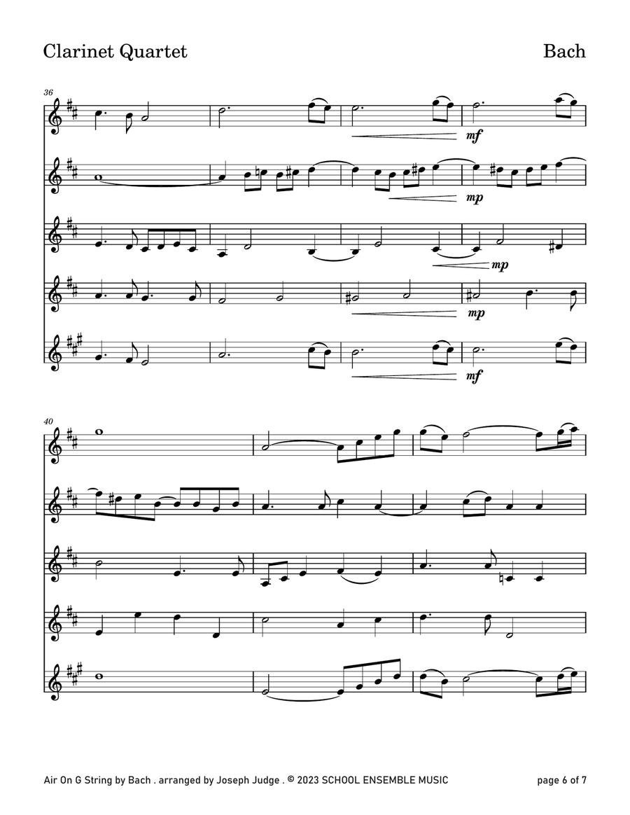 Air On G String by Bach for Clarinet Quartet in Schools Woodwind Ensemble scores gallery preview page 6