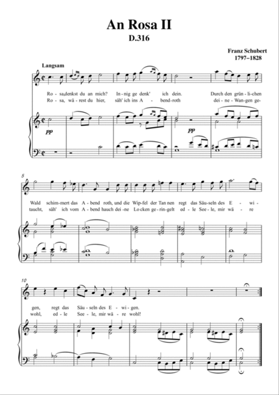 Schubert-An Rosa II (To Rosa),D.316 in C for Vocal and Piano Voice scores gallery preview page 2