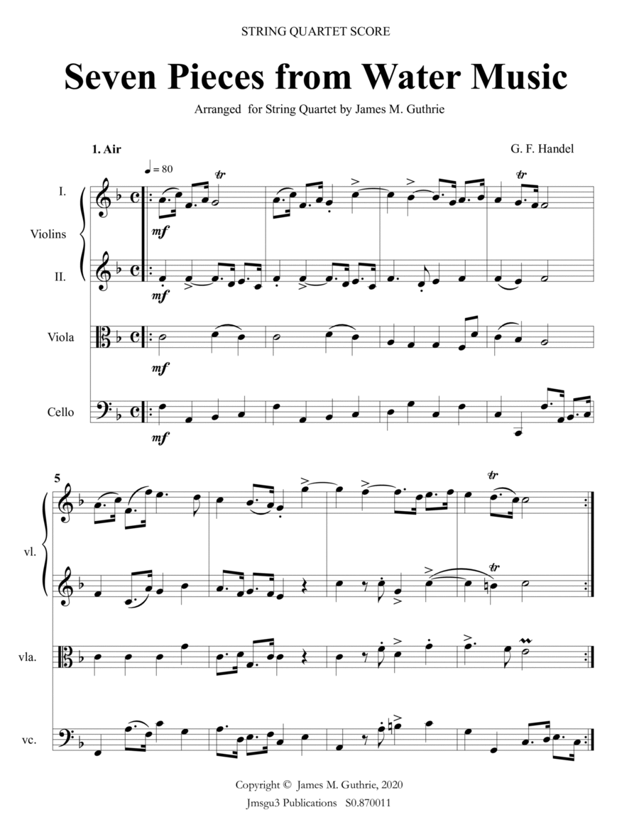 Handel: Seven Pieces from Water Music for String Quartet String Quartet scores gallery preview page 1