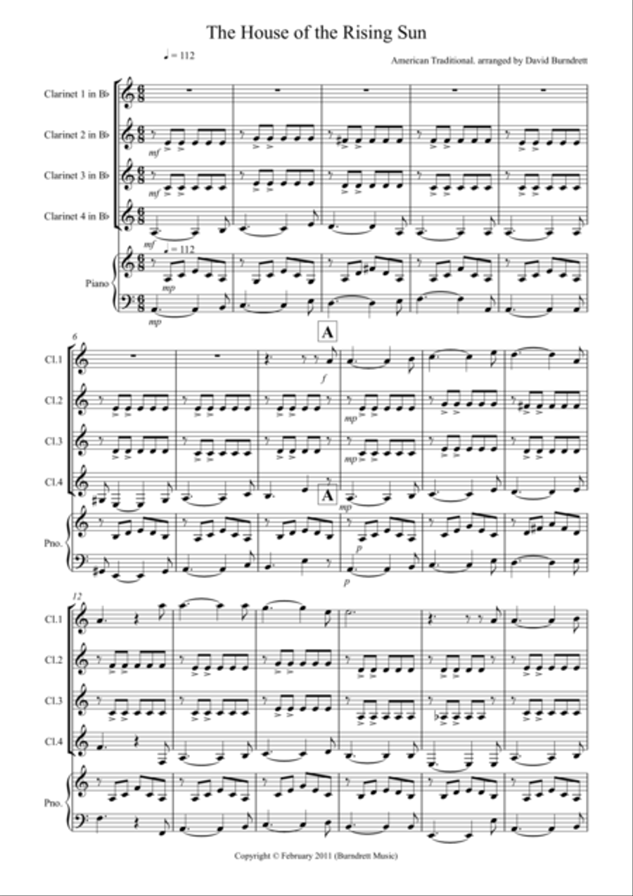 The House of the Rising Sun for Clarinet Quartet Clarinet Quartet scores gallery preview page 1