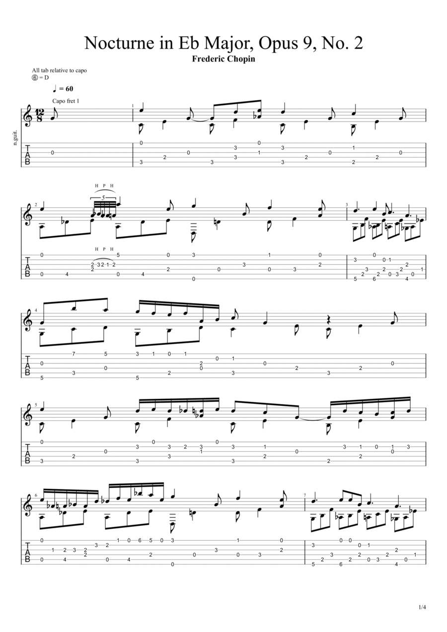 Nocturne in E-flat major, Op. 9, No. 2 (Frederic Chopin) Acoustic Guitar scores gallery preview page 1