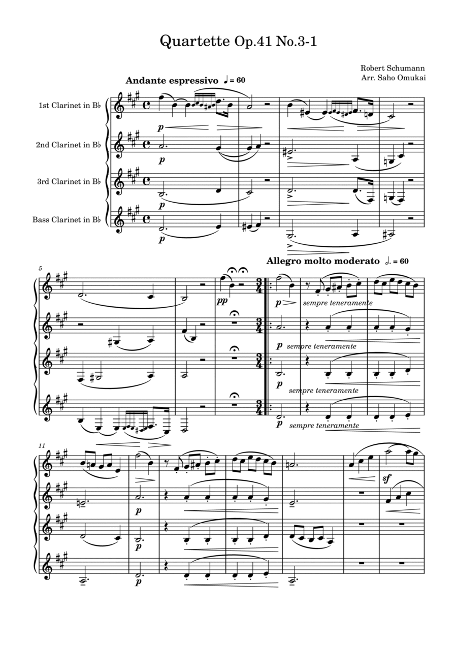 R.Schumann: Quartet Op.41 No.3 for 3 Clarinets and Bass Clarinet Clarinet Quartet scores gallery preview page 1