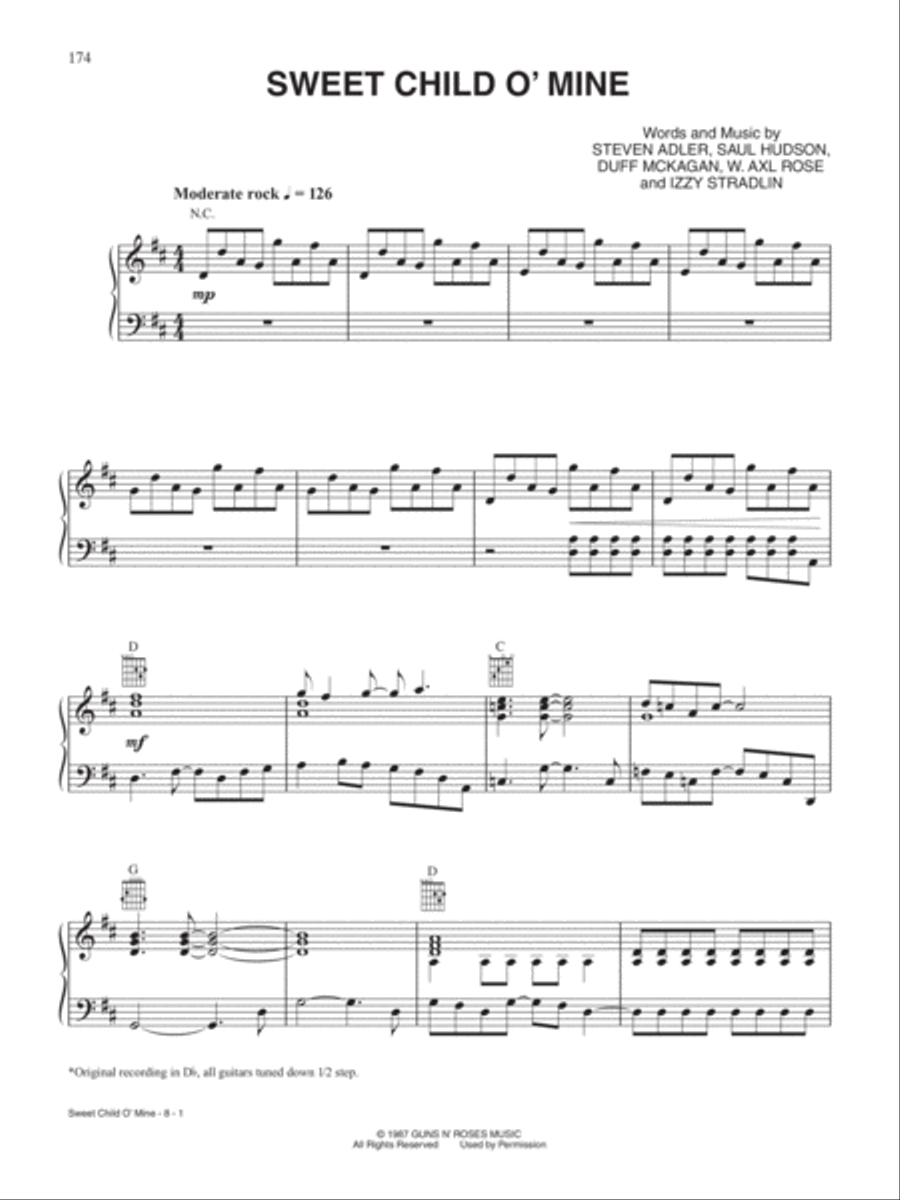 Sweet Child O' Mine Piano, Vocal, Guitar scores gallery preview page 1