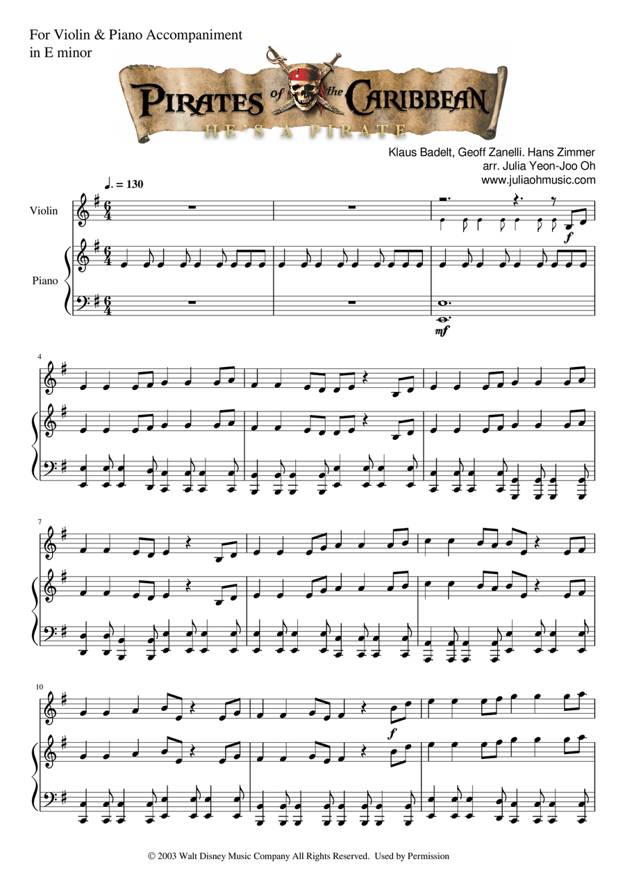 He's A Pirate Violin Solo scores gallery preview page 1
