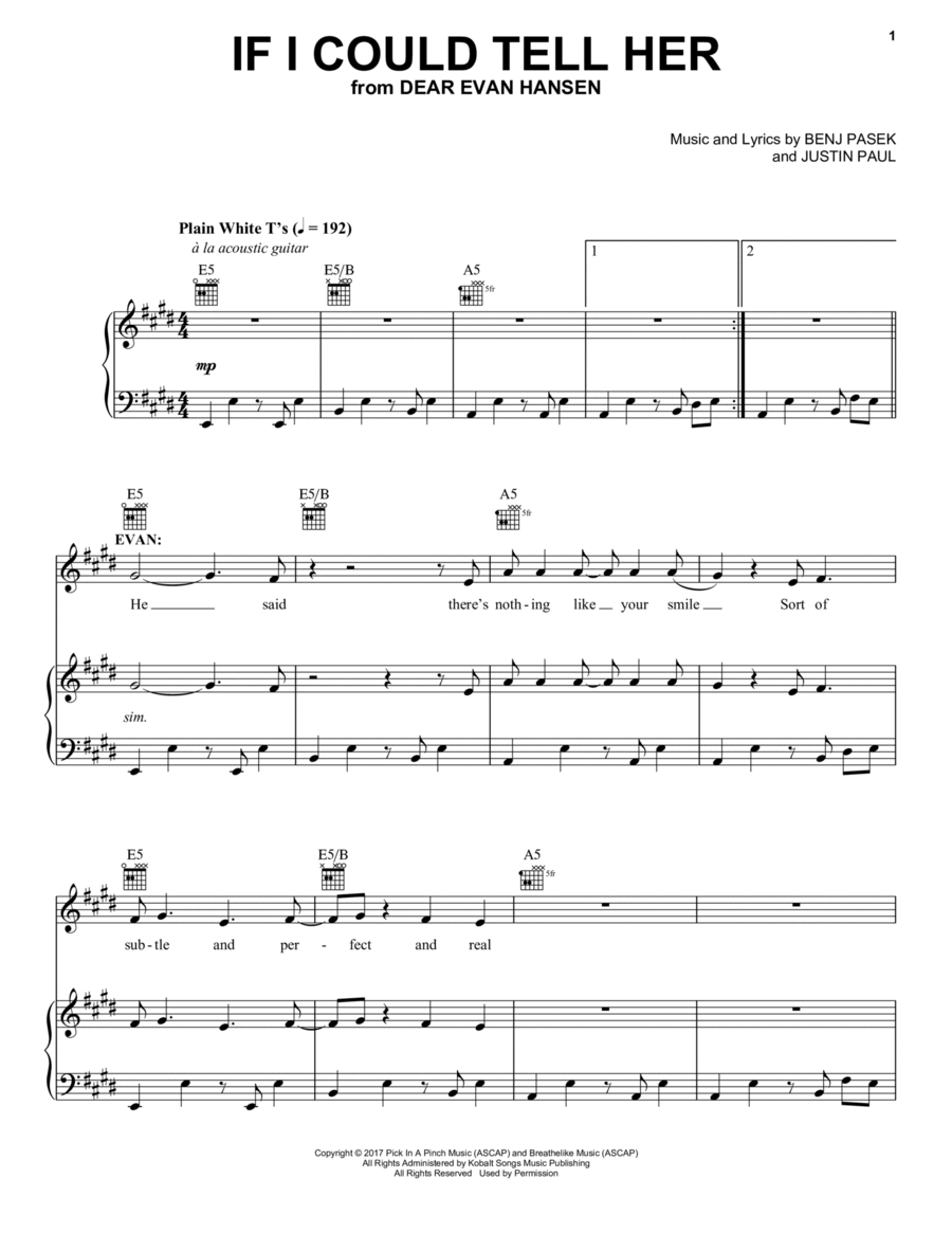 If I Could Tell Her (from Dear Evan Hansen) Piano, Vocal, Guitar scores gallery preview page 1
