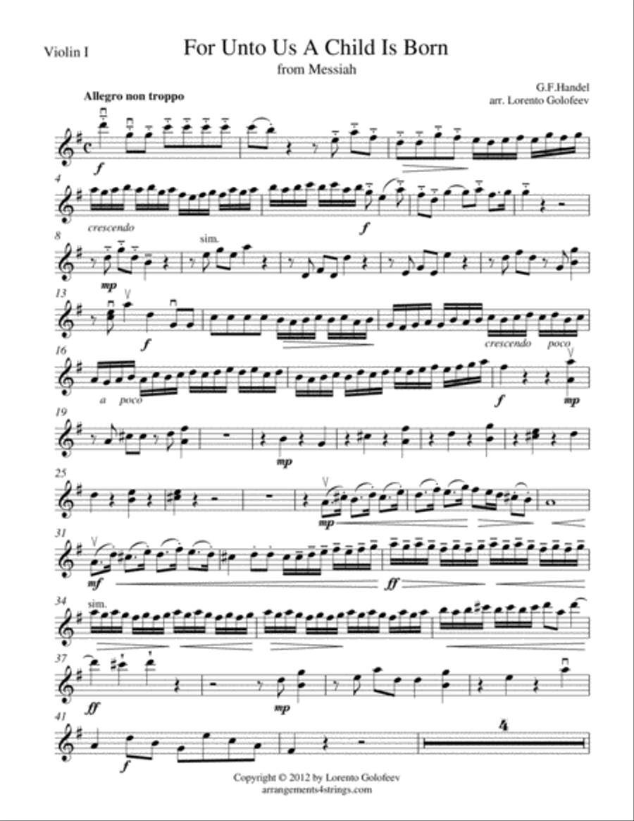 For Unto Us A Child Is Born from Messiah String Quartet scores gallery preview page 1