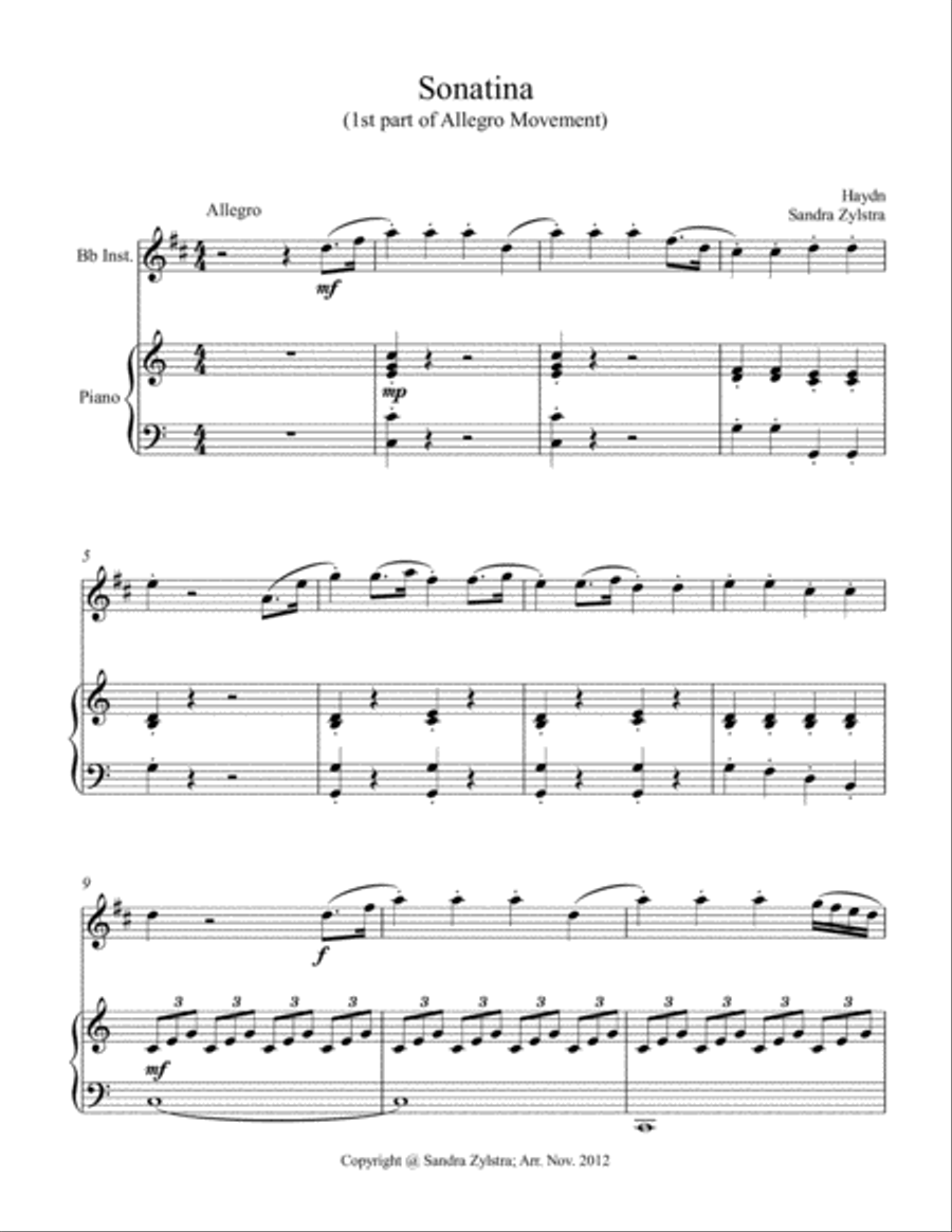 Sonatina-Haydn (treble Bb instrument solo) Piano scores gallery preview page 2