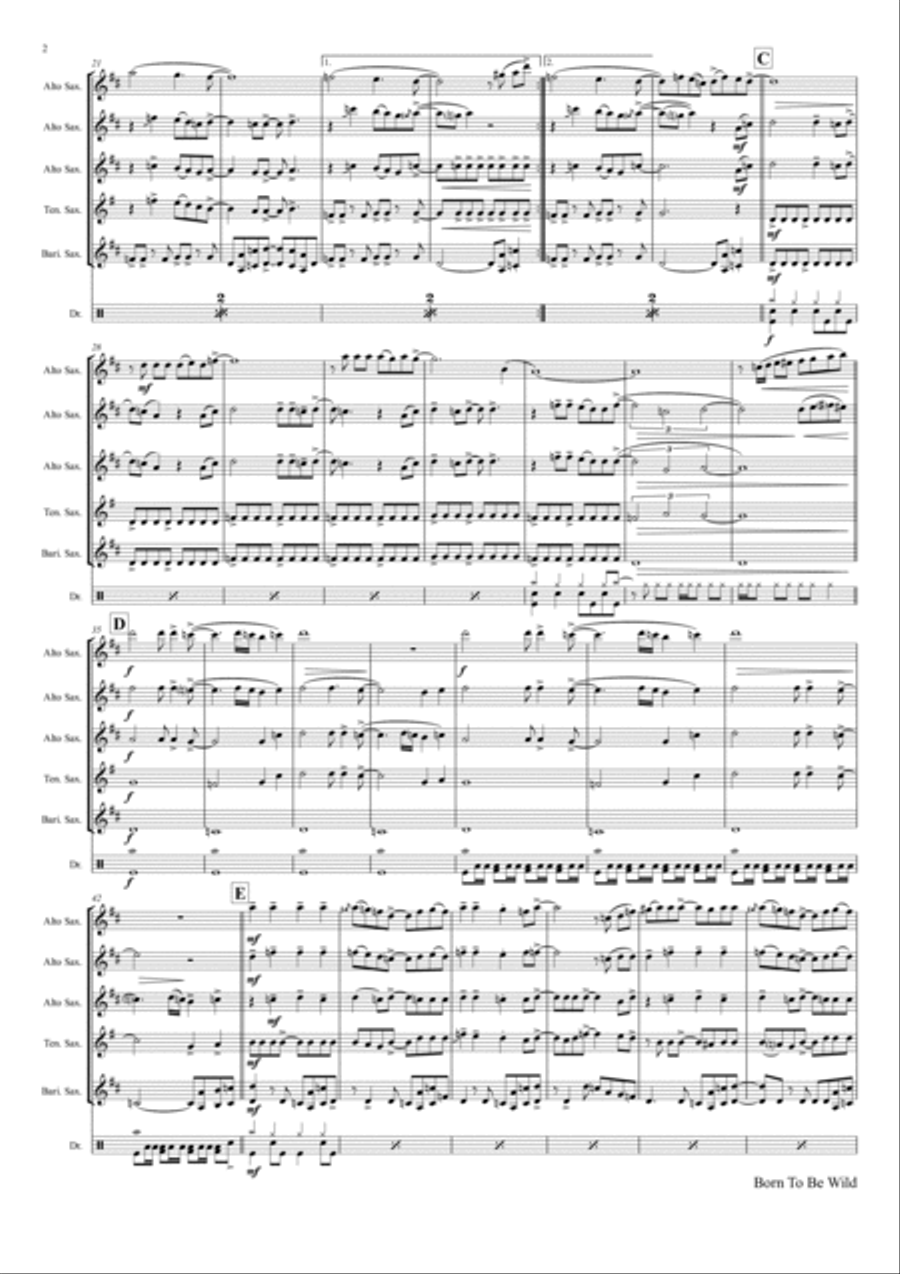 Born To Be Wild Saxophone Quintet scores gallery preview page 2