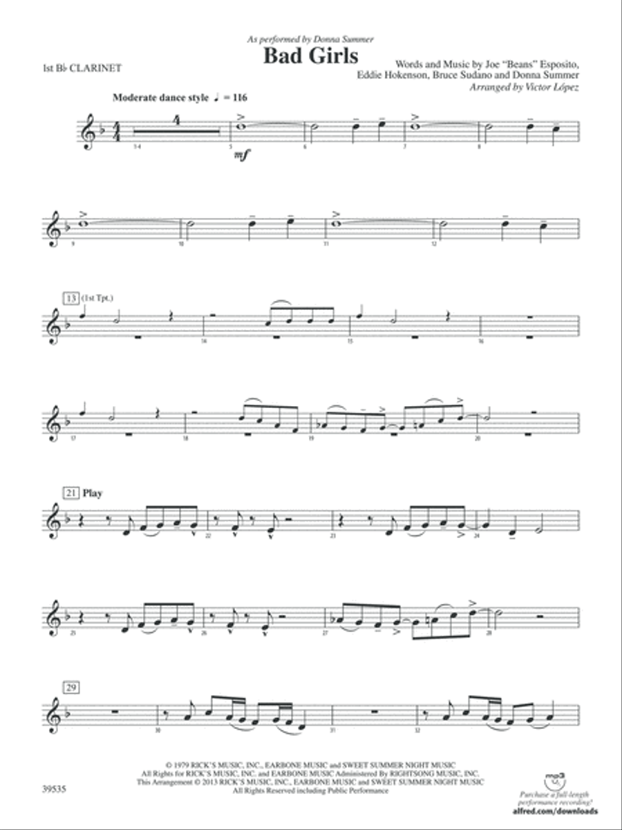Bad Girls: 1st B-flat Clarinet Concert Band scores gallery preview page 1