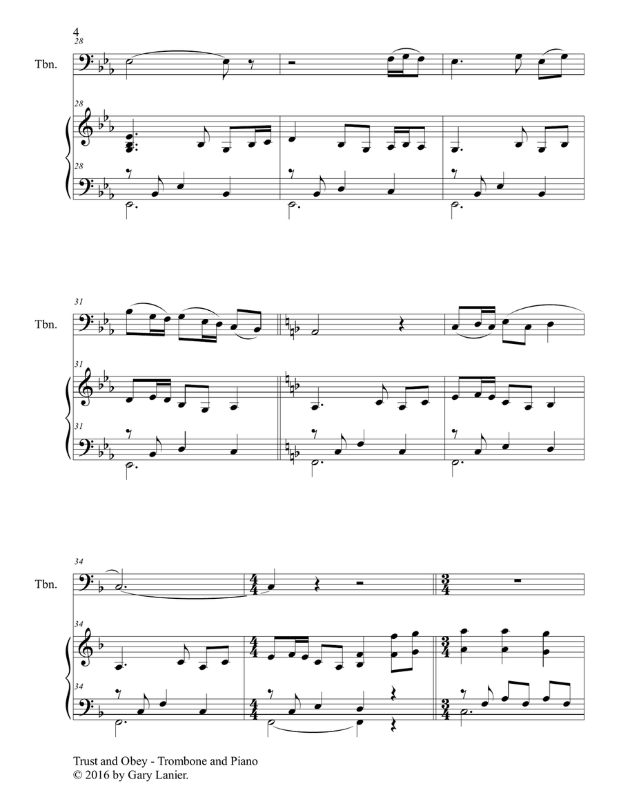 Gary Lanier: TRUST AND OBEY (Duet – Trombone & Piano with Parts) Trombone Duet scores gallery preview page 5