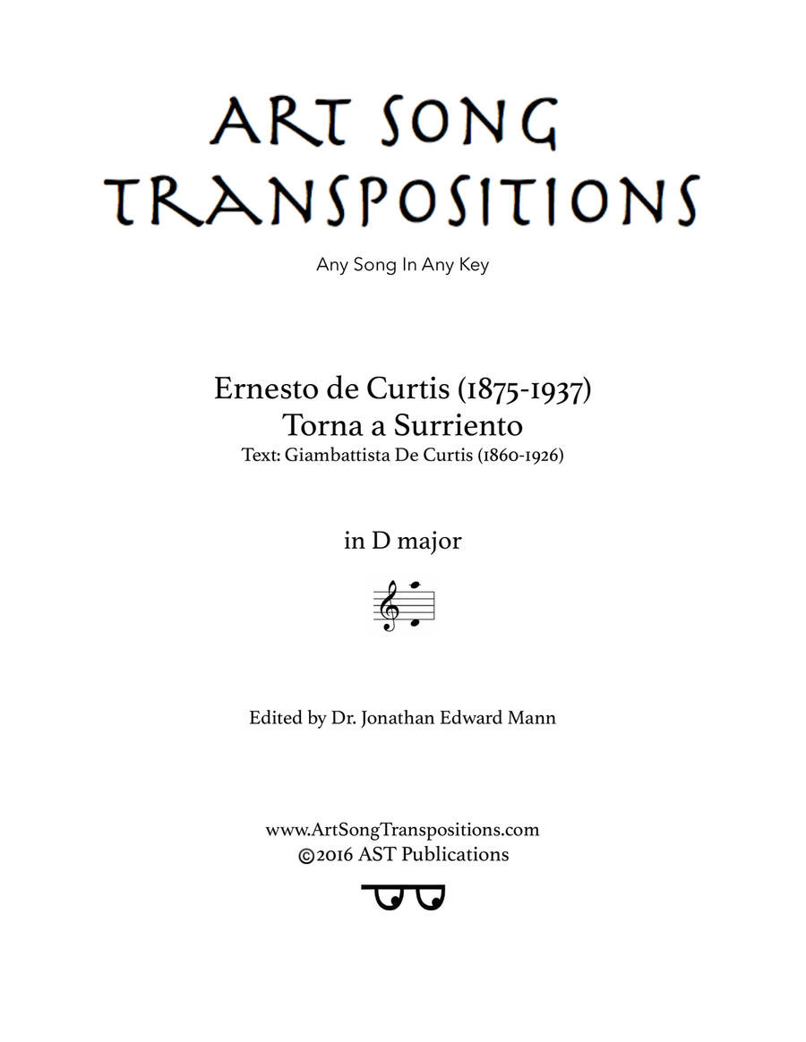 DE CURTIS: Torna a Surriento (transposed to D major) Piano, Vocal scores gallery preview page 1