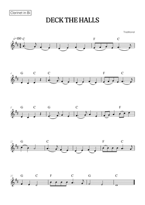 Deck the Halls for clarinet • easy Christmas song sheet music with chords
