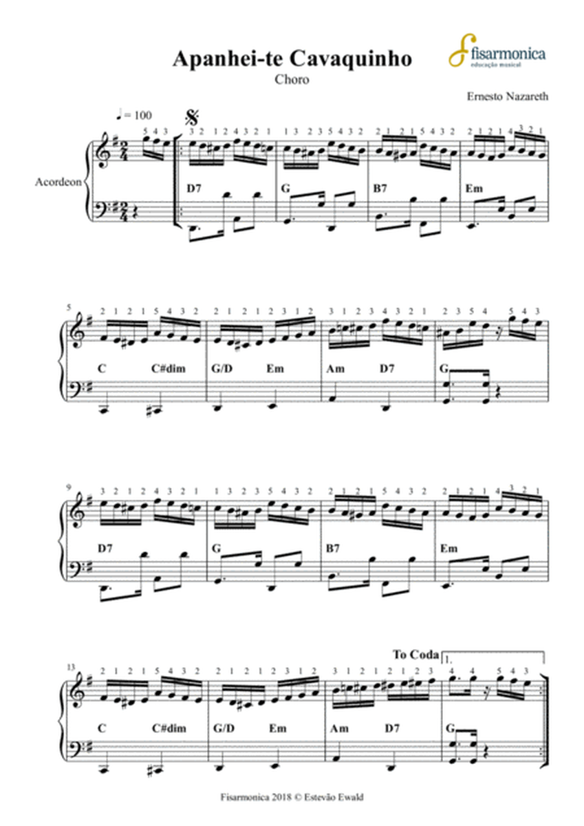 Apanhei-te Cavaquinho - Ernesto Narazeth | Sheet Music for Accordion and Piano