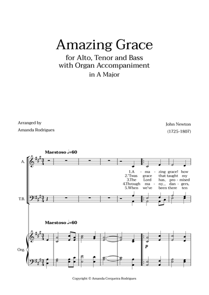 Amazing Grace in A Major - Alto, Tenor and Bass with Organ Accompaniment image number null
