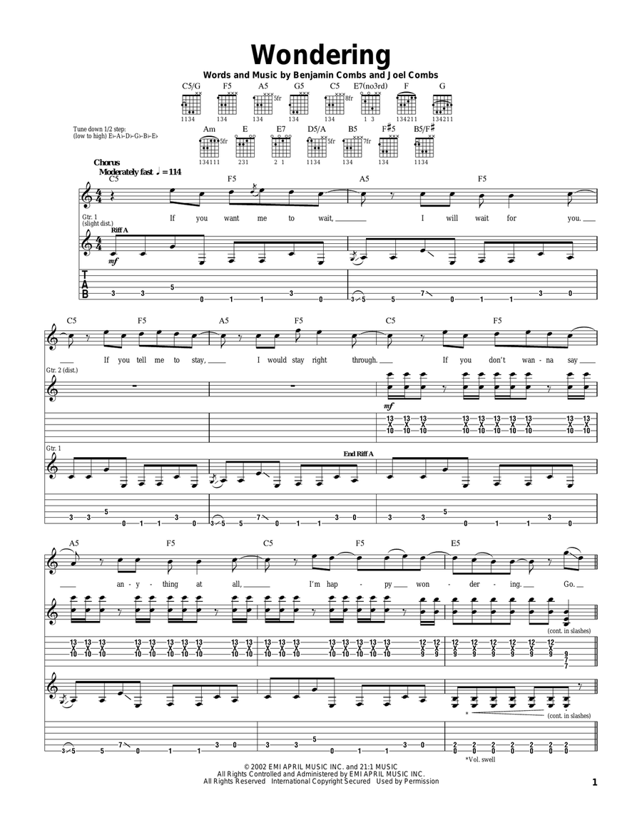 Wondering Guitar Tablature scores gallery preview page 1