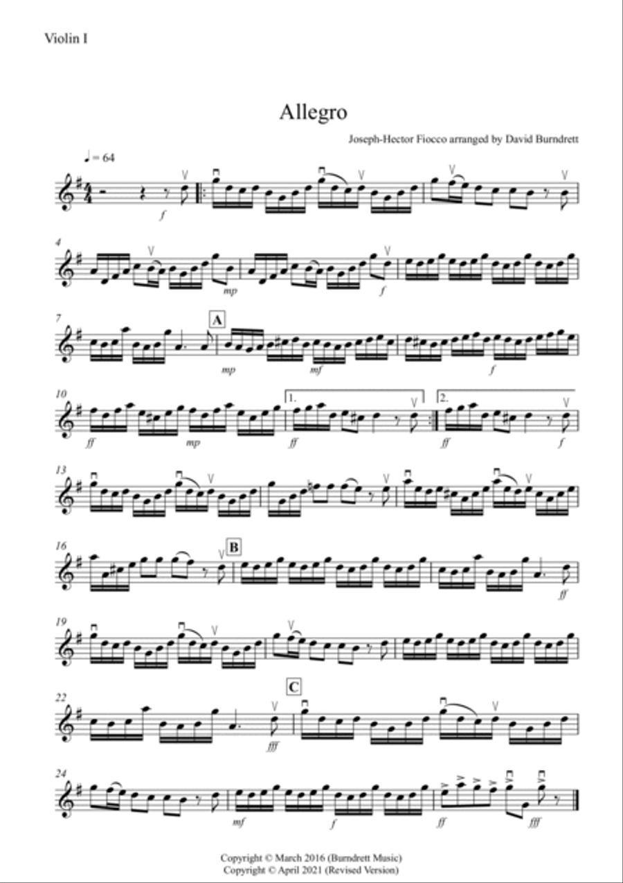 Allegro by Fiocco for String Quartet image number null