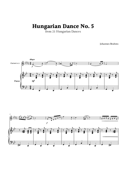 Hungarian Dance No. 5 by Brahms for Clarinet in A and Piano image number null