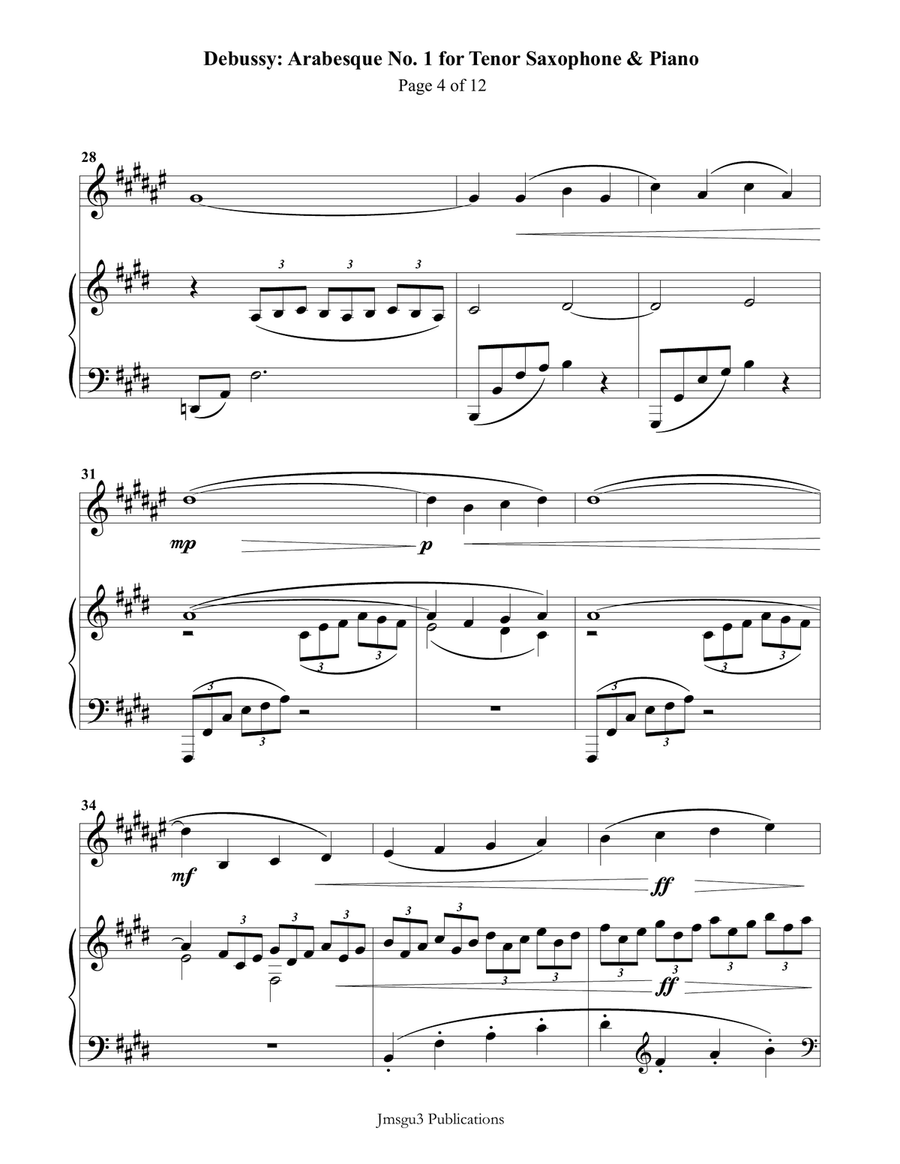 Debussy: Arabesque 1 for Tenor Sax & Piano Tenor Saxophone scores gallery preview page 4