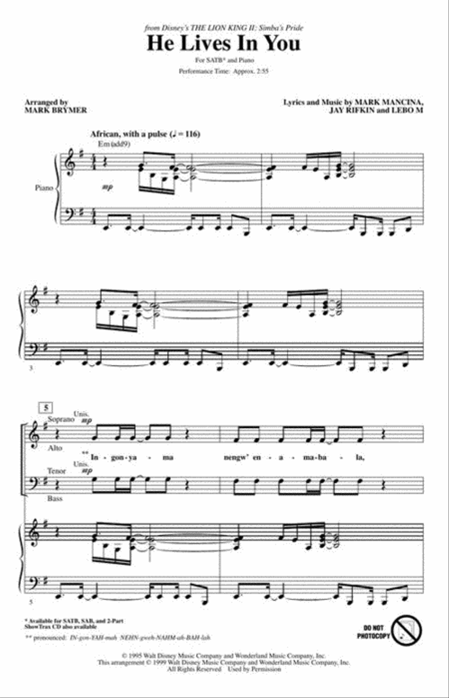 He Lives in You 4-Part scores gallery preview page 3