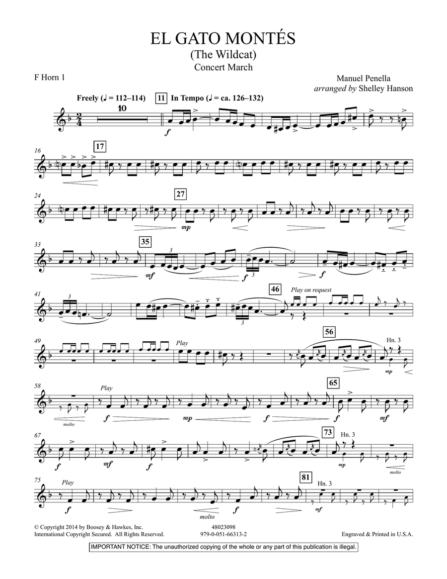El Gato Montés (The Wild Cat) - F Horn 1 Concert Band scores gallery preview page 1
