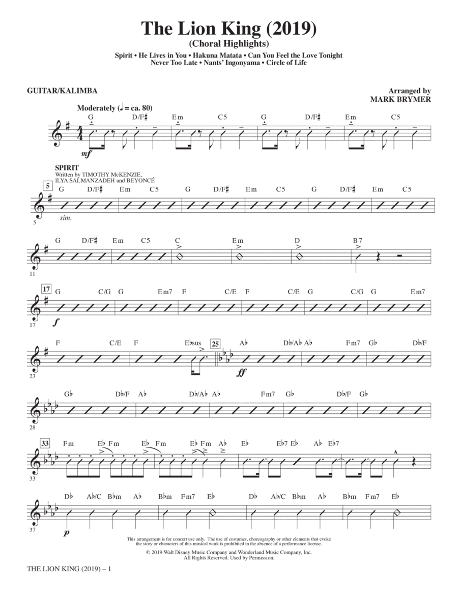 The Lion King (2019) (Choral Highlights) - Guitar/Kalimba Choir scores gallery preview page 1