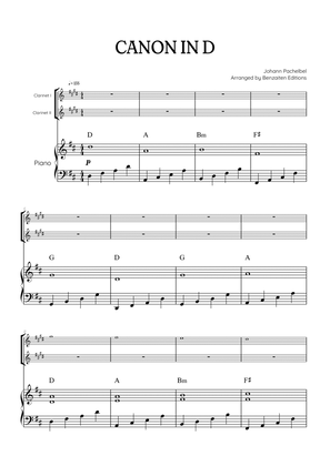 Pachelbel Canon in D • clarinet in Bb duet sheet music w/ piano accompaniment [chords]