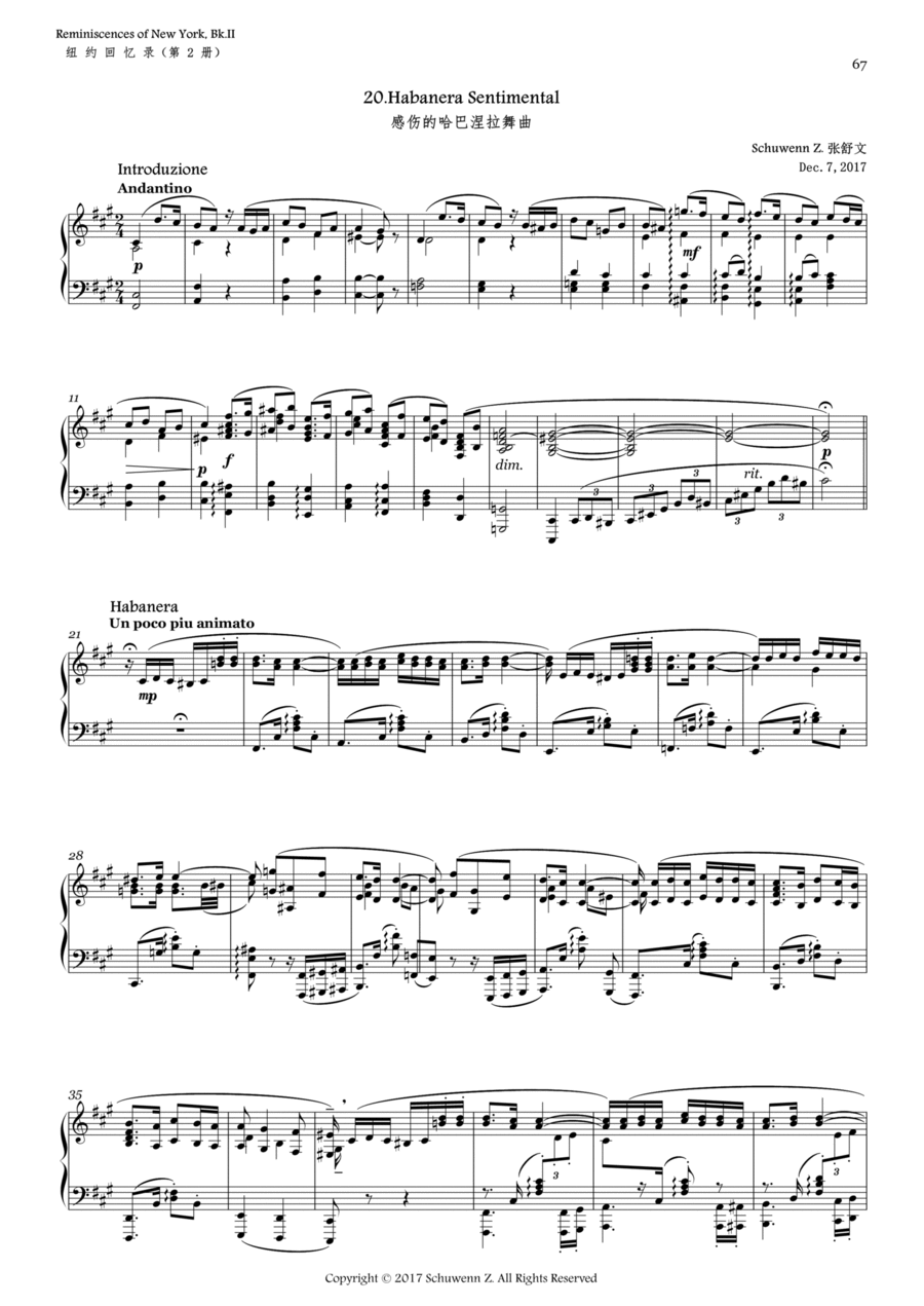 Reminiscences of New York,Bk.2,No.20:Habanera Sentimental Piano Solo scores gallery preview page 1