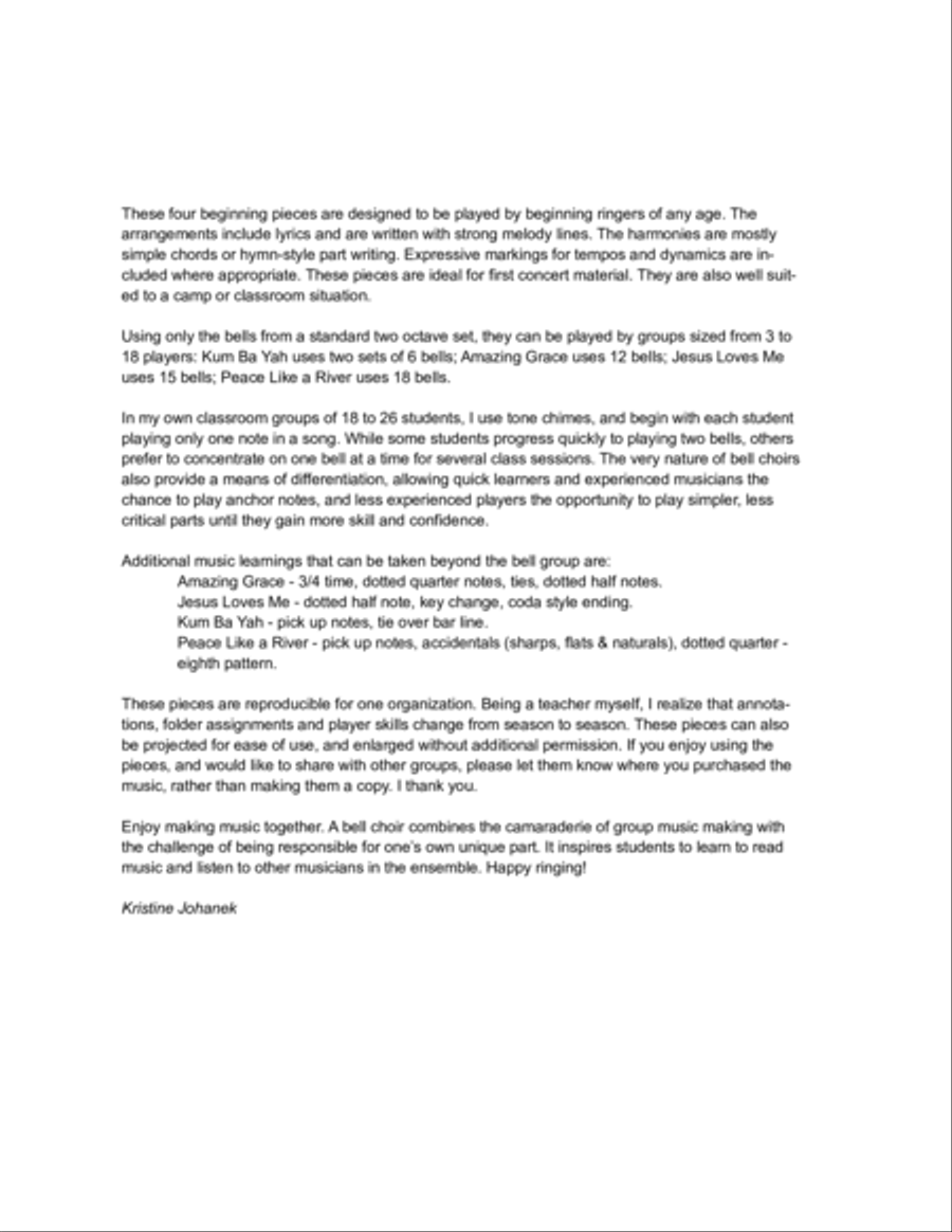 Amazing Grace plus Three (Jesus Loves Me, Peace Like a River, Kum Bah Yah) (2 Octaves. Reproducible) 4-Part scores gallery preview page 2