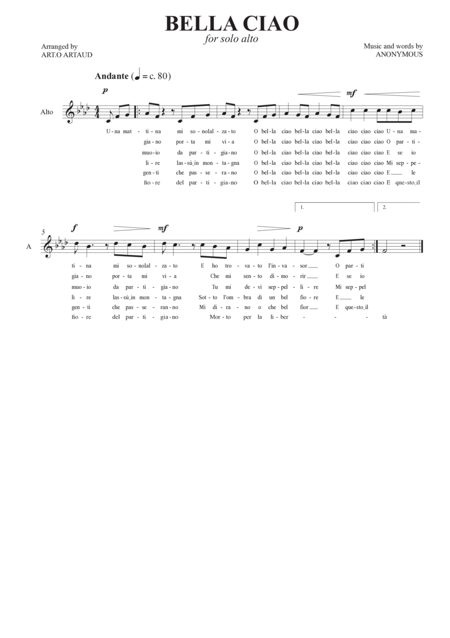 Bella Ciao Bella Ciao Alto Voice scores gallery preview page 1