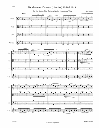 Mozart: 6 German Dances K 606 No. 6 arr. for String Trio; Optional - 2nd Violin replaces the Viola