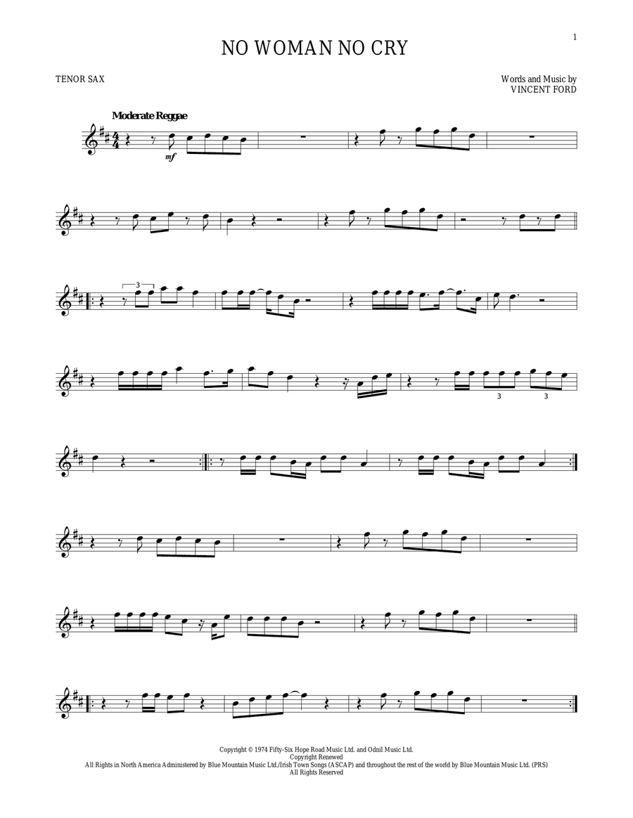 No Woman No Cry Tenor Saxophone scores gallery preview page 1