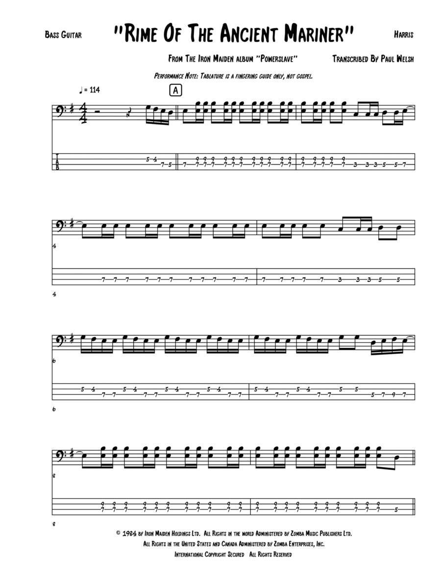 Rime Of The Ancient Mariner Bass Guitar scores gallery preview page 1