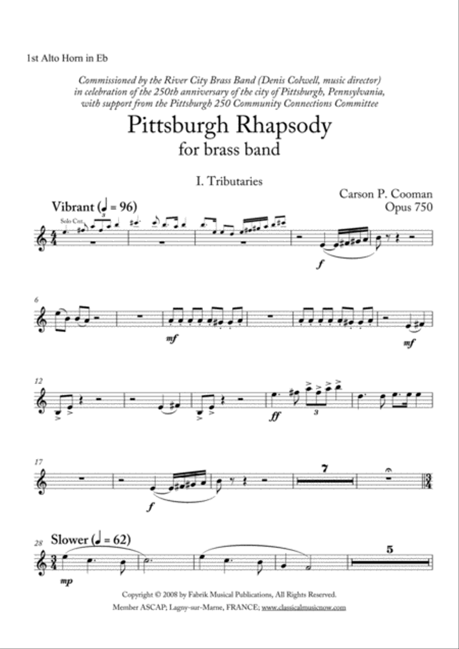 Carson Cooman: Pittsburgh Rhapsody (2008) for brass band, 1st Eb alto horn part Brass Band scores gallery preview page 1
