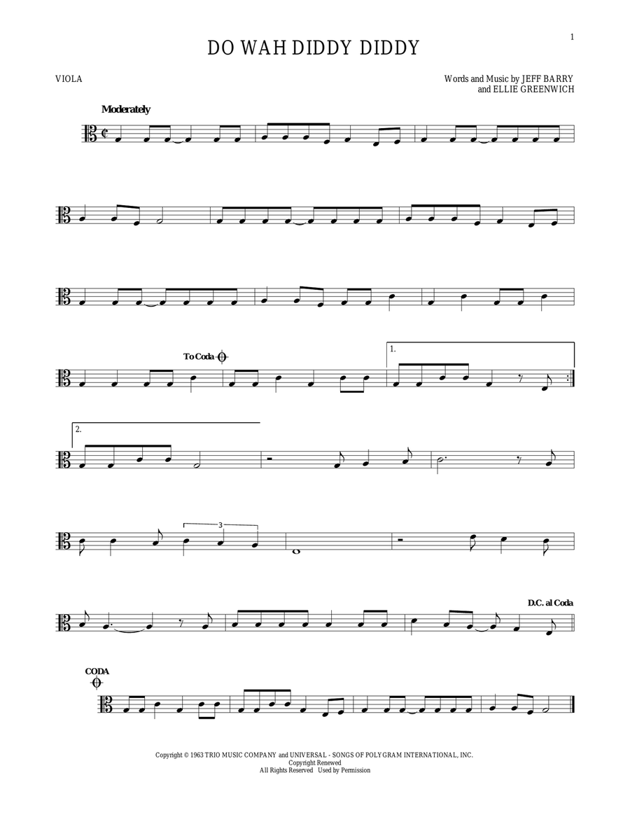 Do Wah Diddy Diddy Do Wah Diddy Diddy Viola Solo scores gallery preview page 1