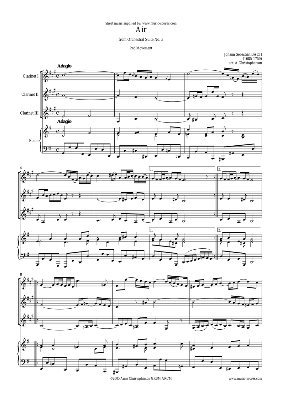 Bwv 1068: Air 2nd Movement - 3 Clarinets and Piano