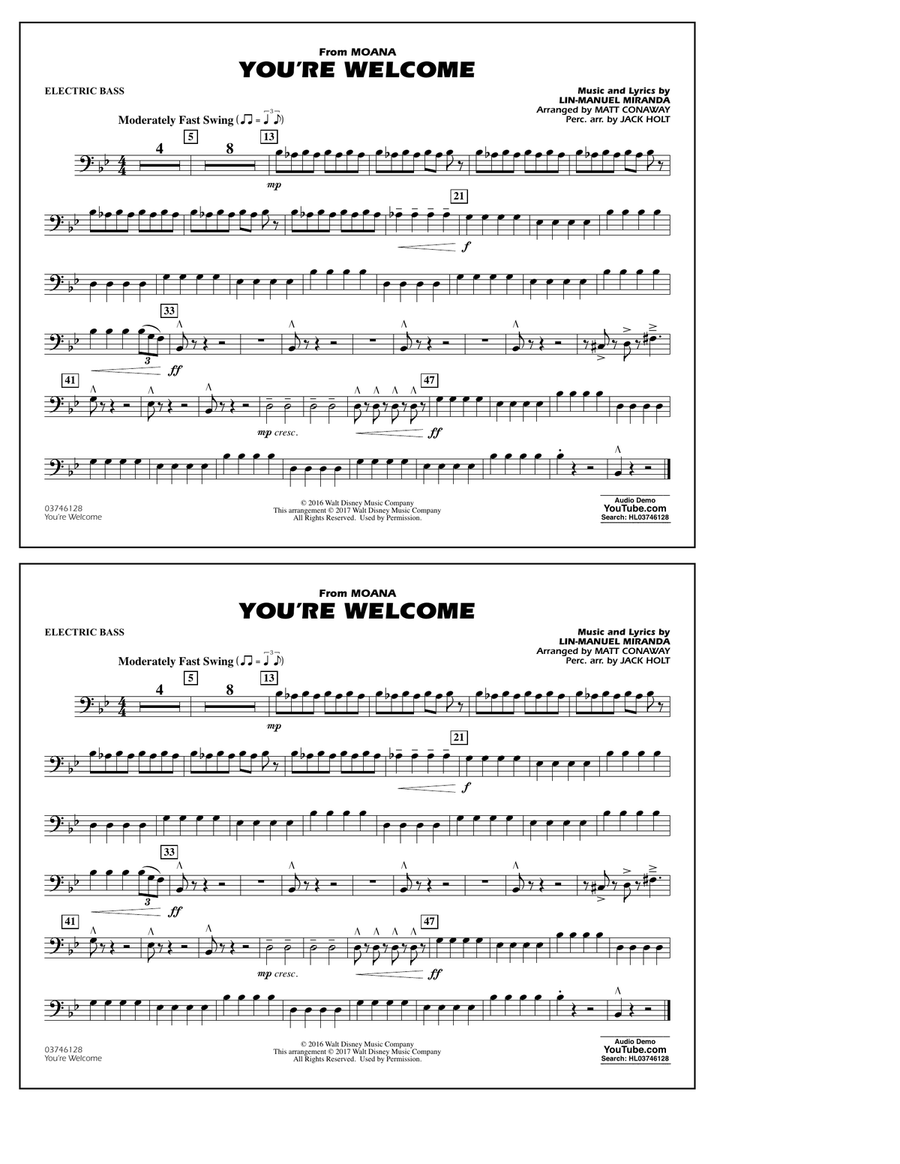 You're Welcome (from Moana) - Electric Bass