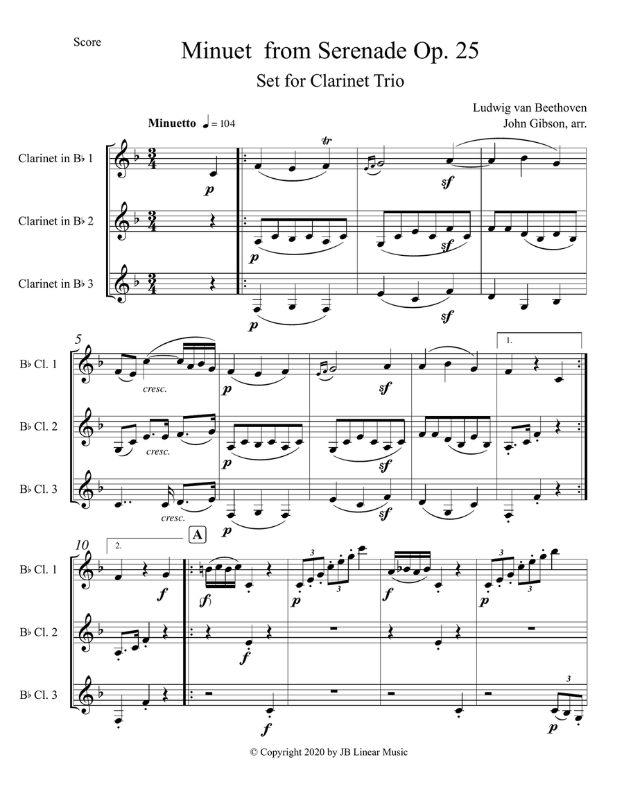 Beethoven - Minuet from Serenade Op. 25 set for Clarinet Trio Clarinet Trio scores gallery preview page 2