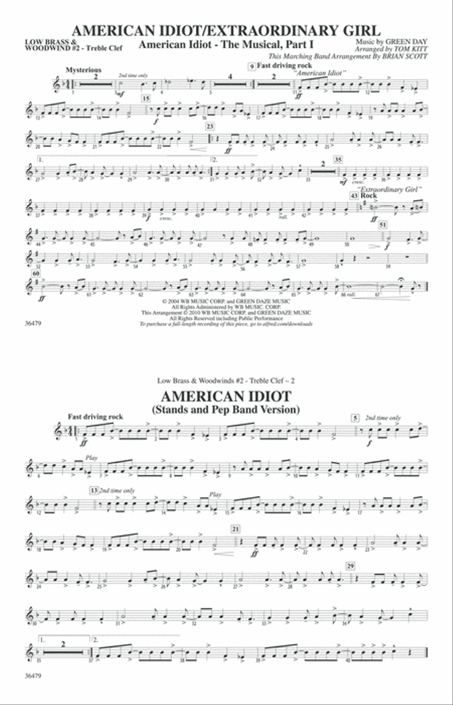 American Idiot / Extraordinary Girl: Low Brass & Woodwinds #2 - Treble Clef Marching Band scores gallery preview page 1